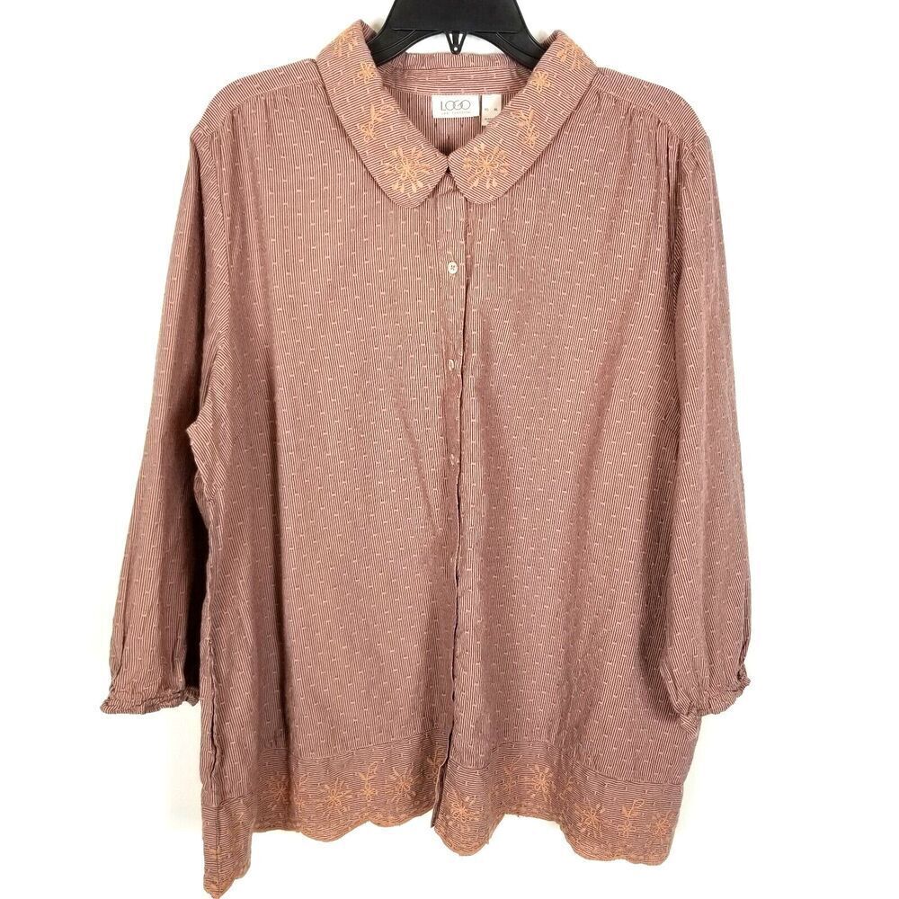 LOGO Women Blouse Top Size XL‎ Button Up Dusty Rose Pink  Pockets Boho Cottage
